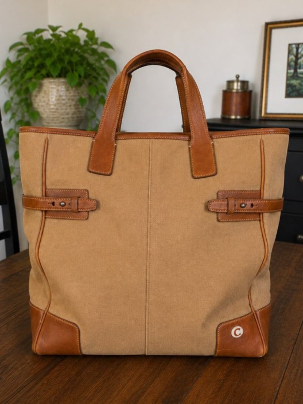 Vintage Coach 5775 Large Canvas Leather Tote Tan Brown Buckle Shoulder Bag
